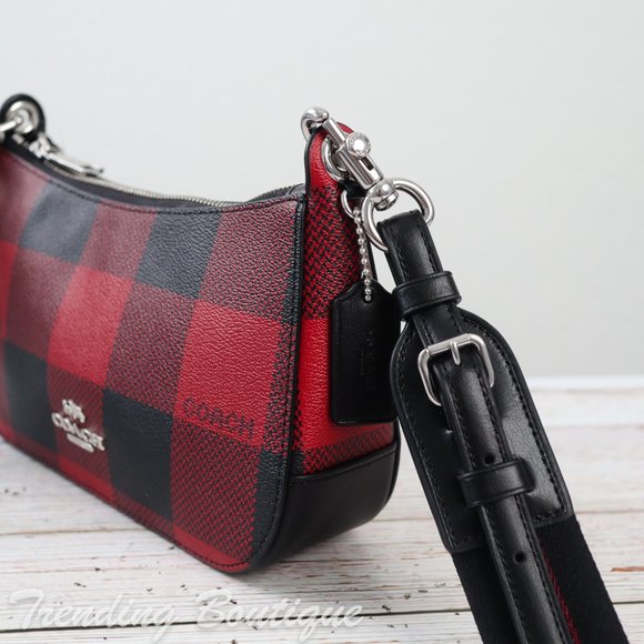 NWT Coach Jes Baguette Crossbody With Buffalo Plaid Print in Black/ Red - Picture 5 of 12